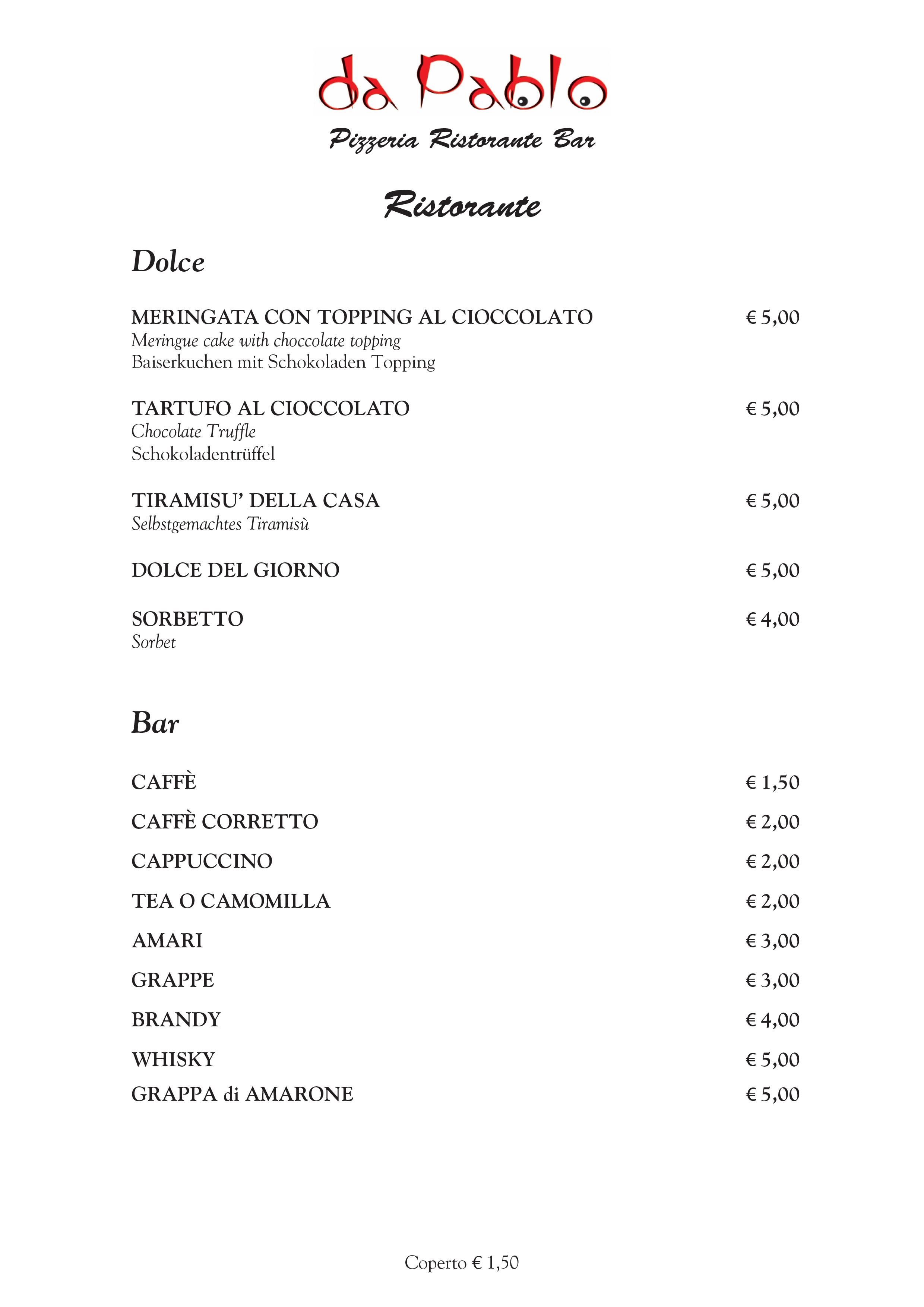 Menu Dolci Caffetteria