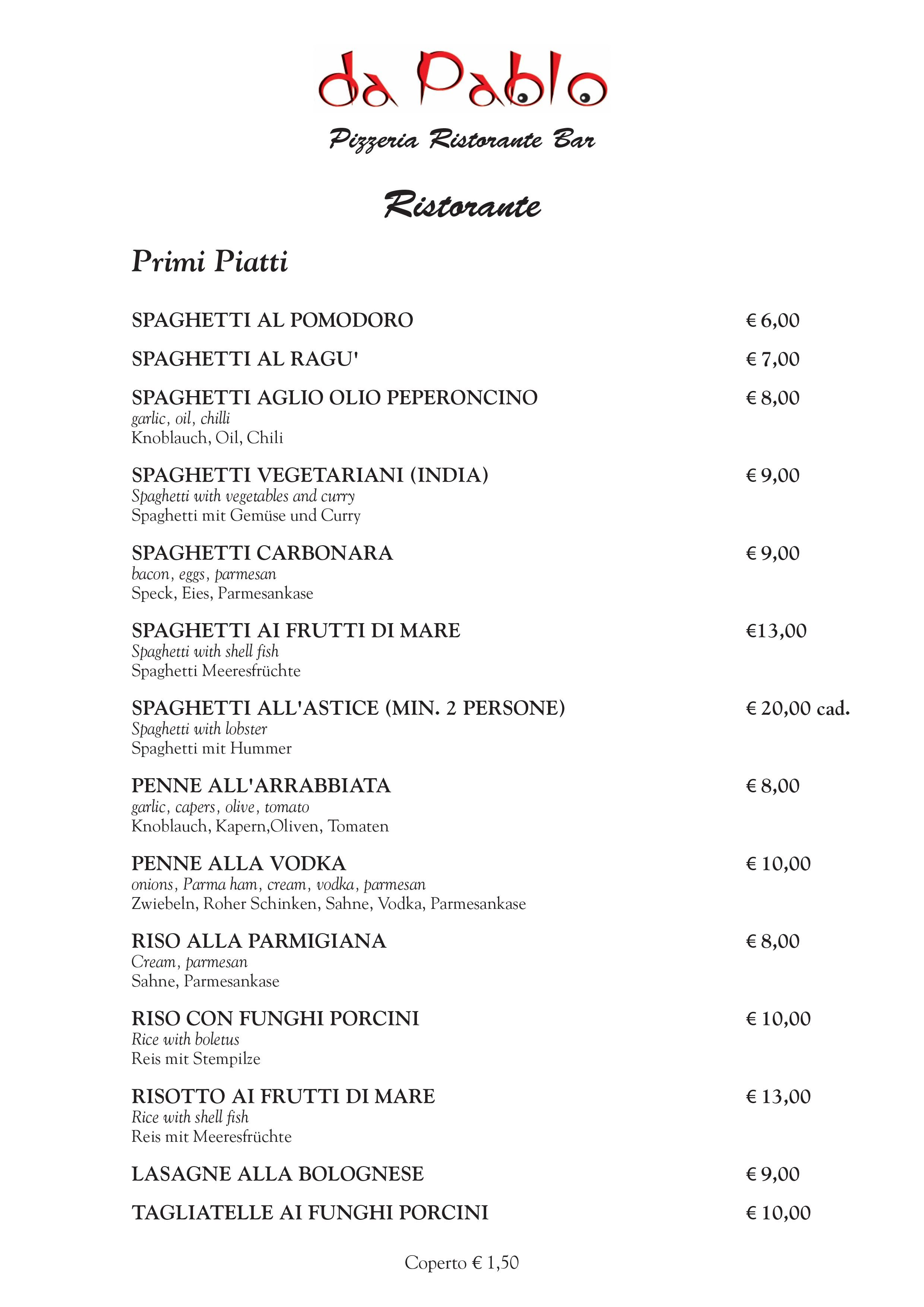 Menu Primi Piatti